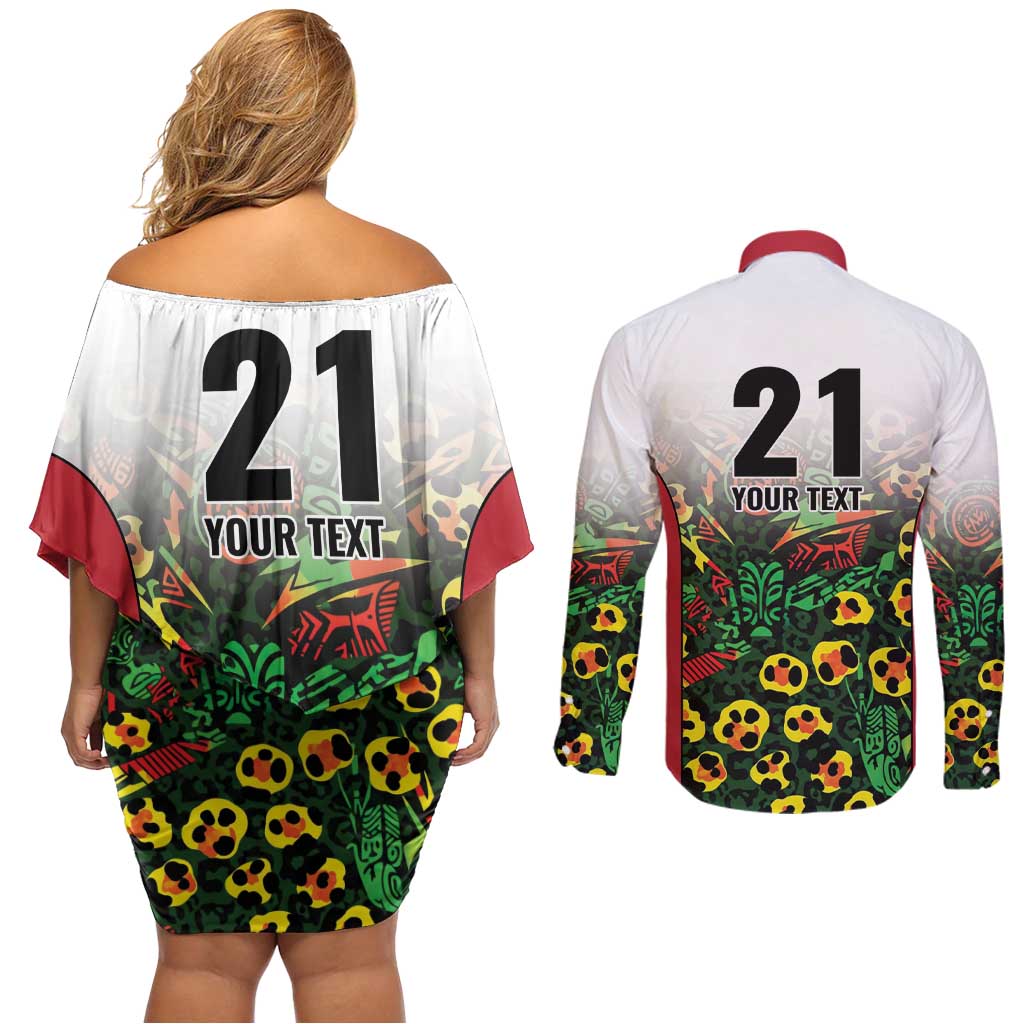 Custom Guyana Football Couples Matching Off Shoulder Short Dress and Long Sleeve Button Shirt Spirit of the Jaguar - White - Wonder Print Shop
