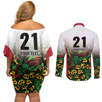 Custom Guyana Football Couples Matching Off Shoulder Short Dress and Long Sleeve Button Shirt Spirit of the Jaguar - White - Wonder Print Shop