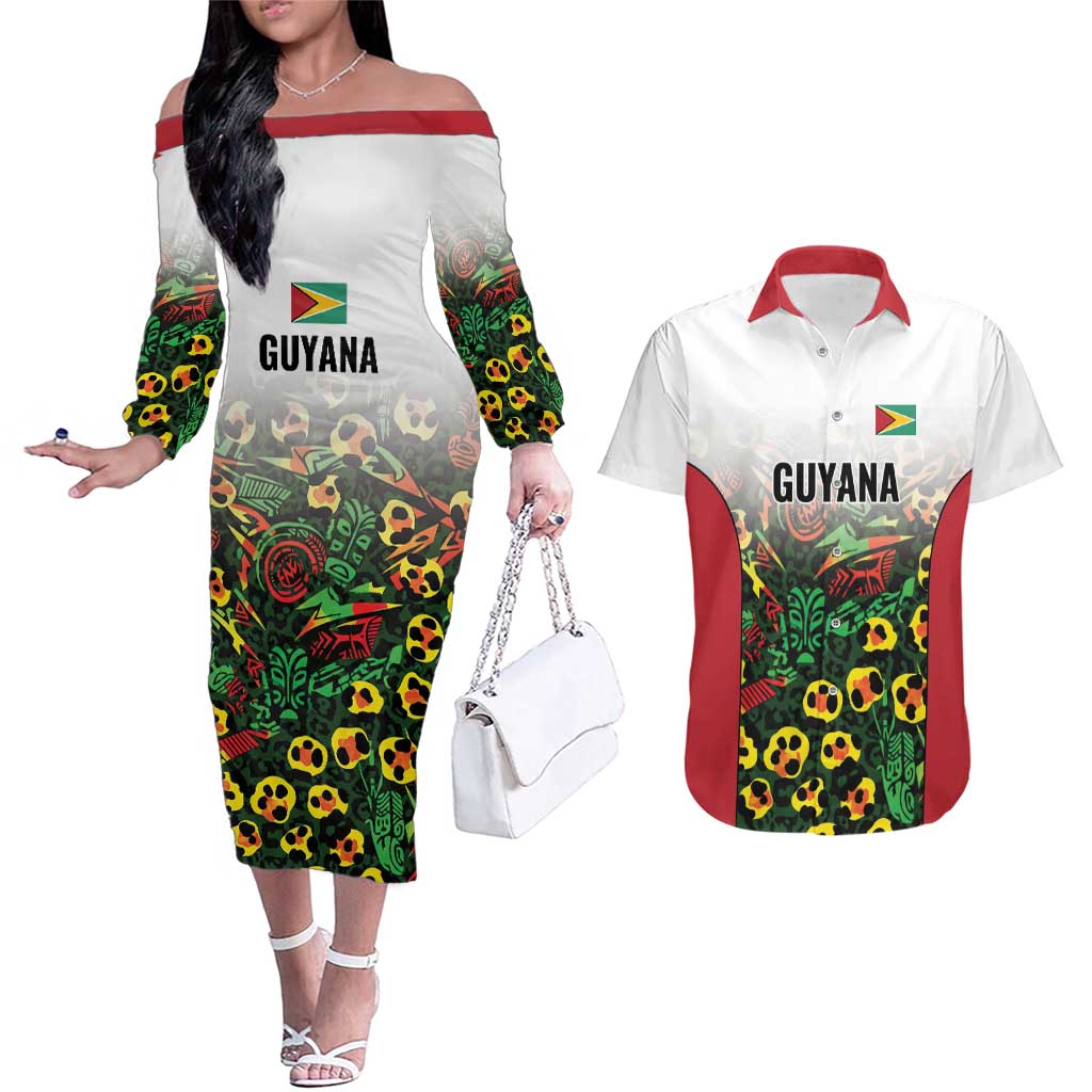 Custom Guyana Football Couples Matching Off The Shoulder Long Sleeve Dress and Hawaiian Shirt Spirit of the Jaguar - White - Wonder Print Shop