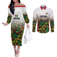 Custom Guyana Football Couples Matching Off The Shoulder Long Sleeve Dress and Long Sleeve Button Shirt Spirit of the Jaguar - White - Wonder Print Shop