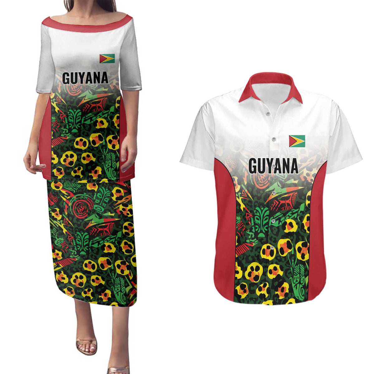 Custom Guyana Football Couples Matching Puletasi and Hawaiian Shirt Spirit of the Jaguar - White - Wonder Print Shop