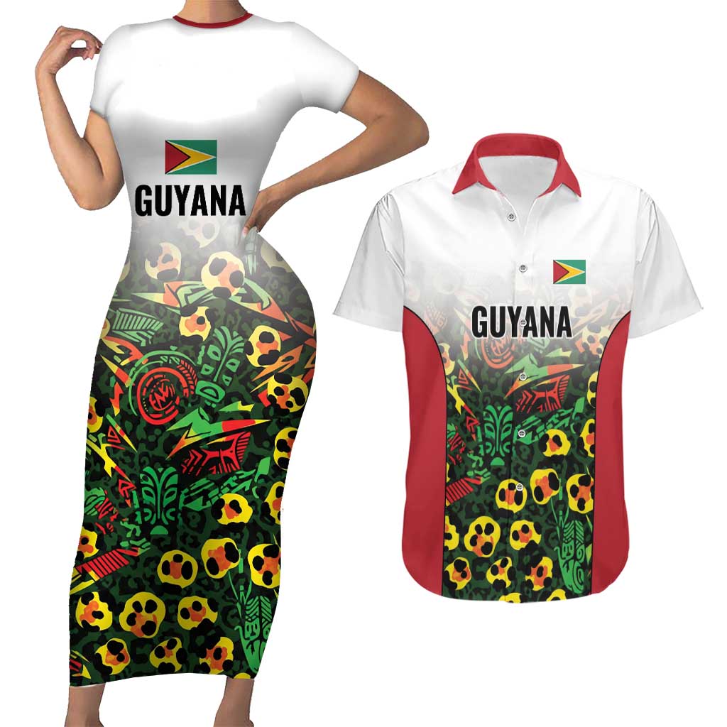 Custom Guyana Football Couples Matching Short Sleeve Bodycon Dress and Hawaiian Shirt Spirit of the Jaguar - White - Wonder Print Shop