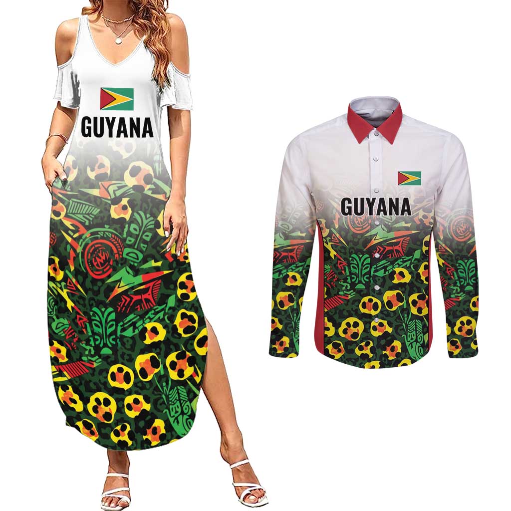 Custom Guyana Football Couples Matching Summer Maxi Dress and Long Sleeve Button Shirt Spirit of the Jaguar - White - Wonder Print Shop