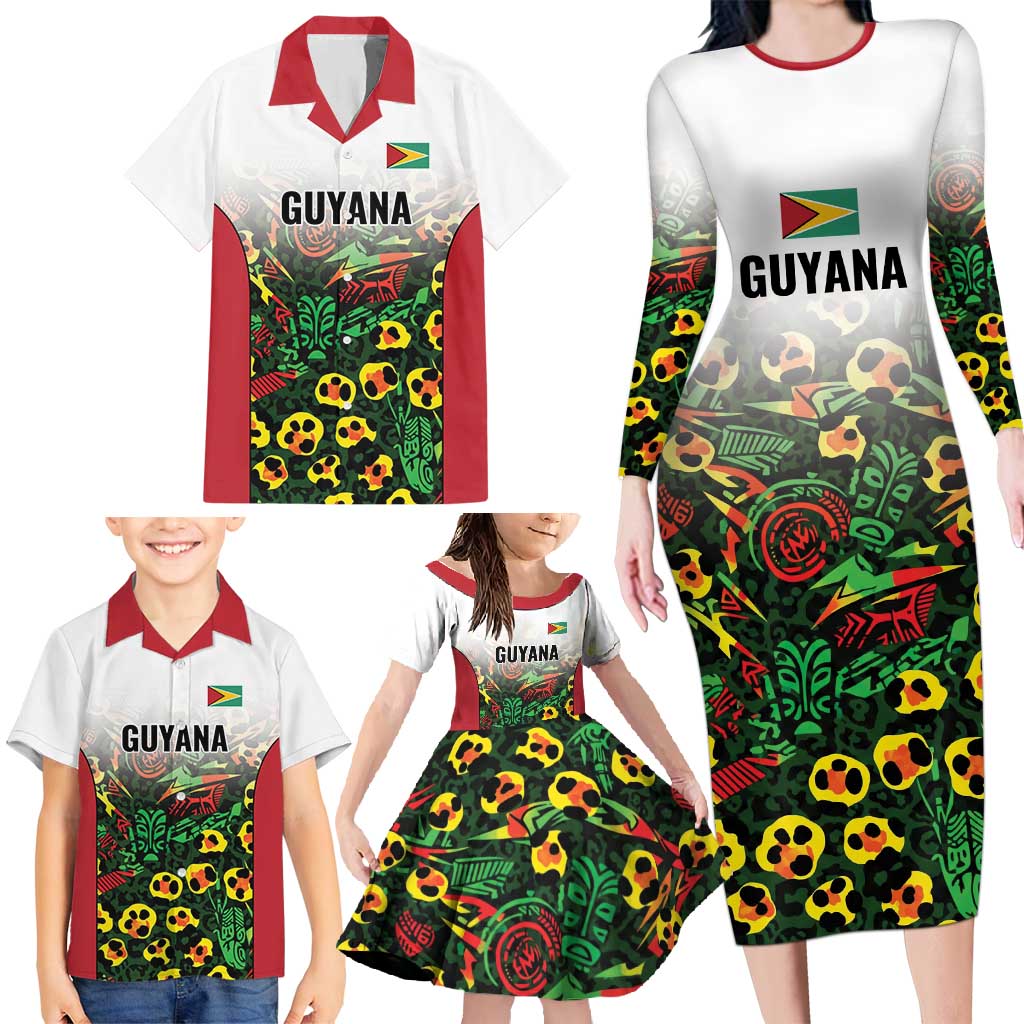 Custom Guyana Football Family Matching Long Sleeve Bodycon Dress and Hawaiian Shirt Spirit of the Jaguar - White - Wonder Print Shop