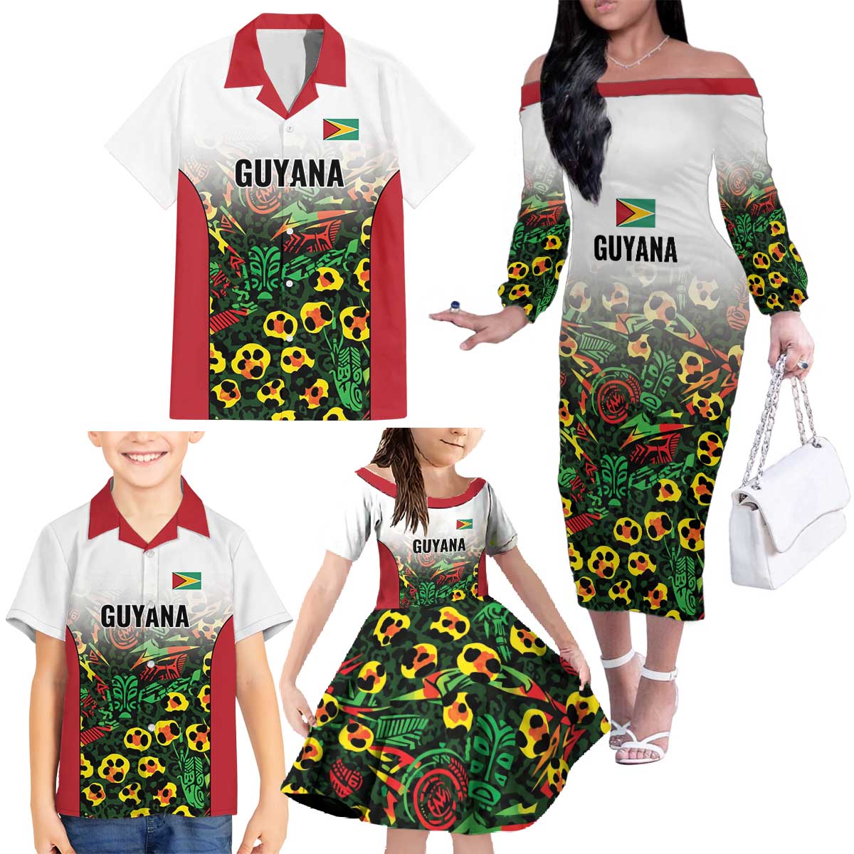 Custom Guyana Football Family Matching Off The Shoulder Long Sleeve Dress and Hawaiian Shirt Spirit of the Jaguar - White - Wonder Print Shop