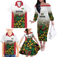 Custom Guyana Football Family Matching Off The Shoulder Long Sleeve Dress and Hawaiian Shirt Spirit of the Jaguar - White - Wonder Print Shop