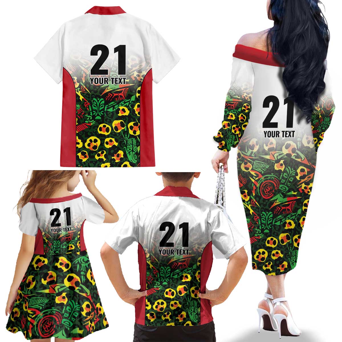Custom Guyana Football Family Matching Off The Shoulder Long Sleeve Dress and Hawaiian Shirt Spirit of the Jaguar - White - Wonder Print Shop