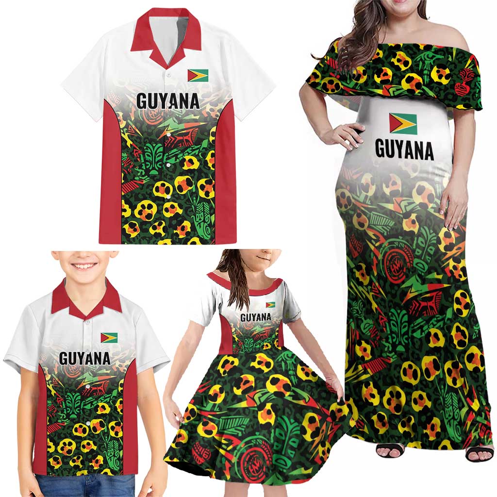 Custom Guyana Football Family Matching Off Shoulder Maxi Dress and Hawaiian Shirt Spirit of the Jaguar - White - Wonder Print Shop