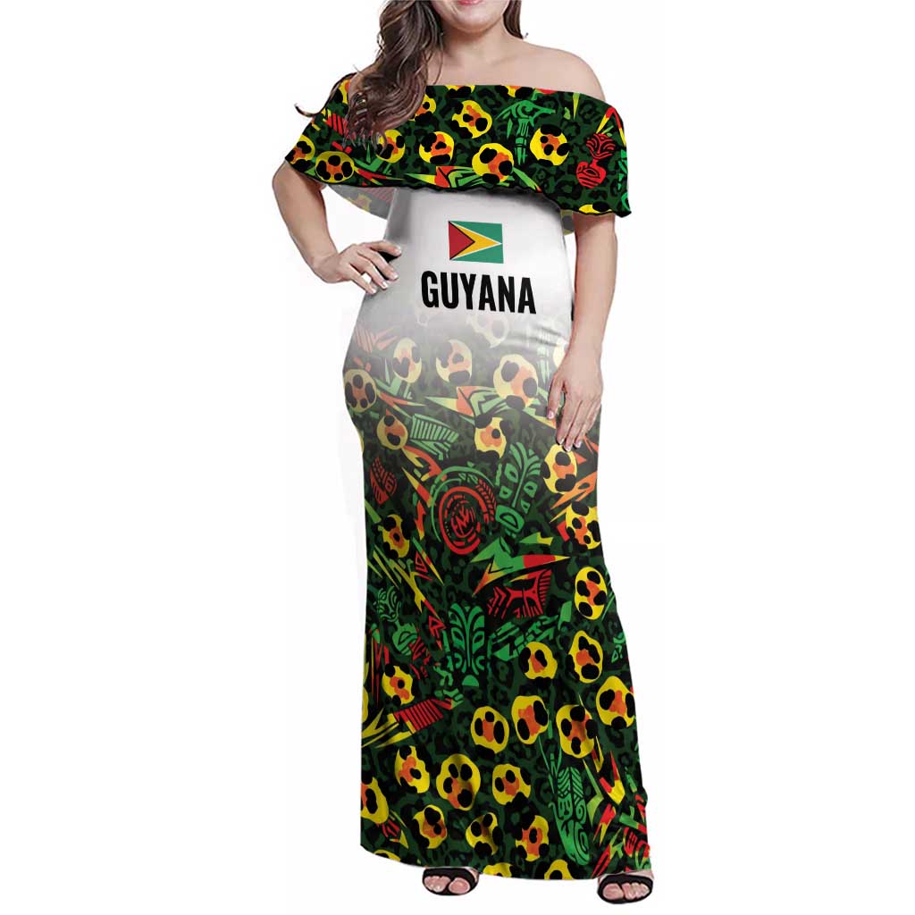 Custom Guyana Football Family Matching Off Shoulder Maxi Dress and Hawaiian Shirt Spirit of the Jaguar - White - Wonder Print Shop