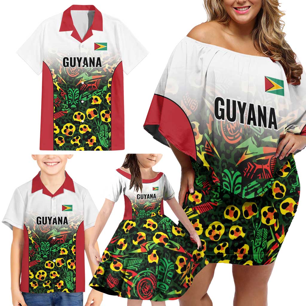 Custom Guyana Football Family Matching Off Shoulder Short Dress and Hawaiian Shirt Spirit of the Jaguar - White - Wonder Print Shop