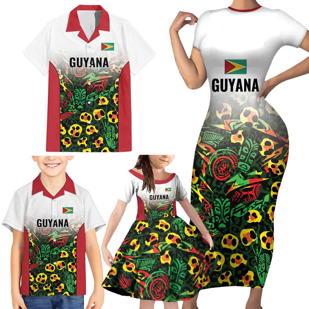 Custom Guyana Football Family Matching Short Sleeve Bodycon Dress and Hawaiian Shirt Spirit of the Jaguar - White - Wonder Print Shop