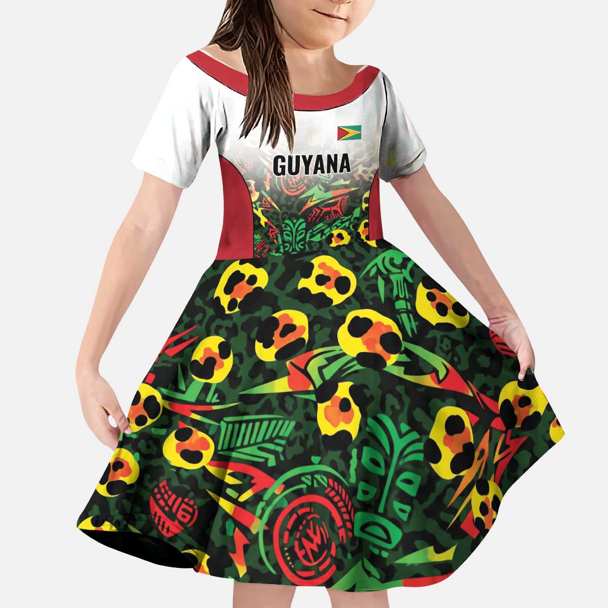 Custom Guyana Football Kid Short Sleeve Dress Spirit of the Jaguar - White - Wonder Print Shop