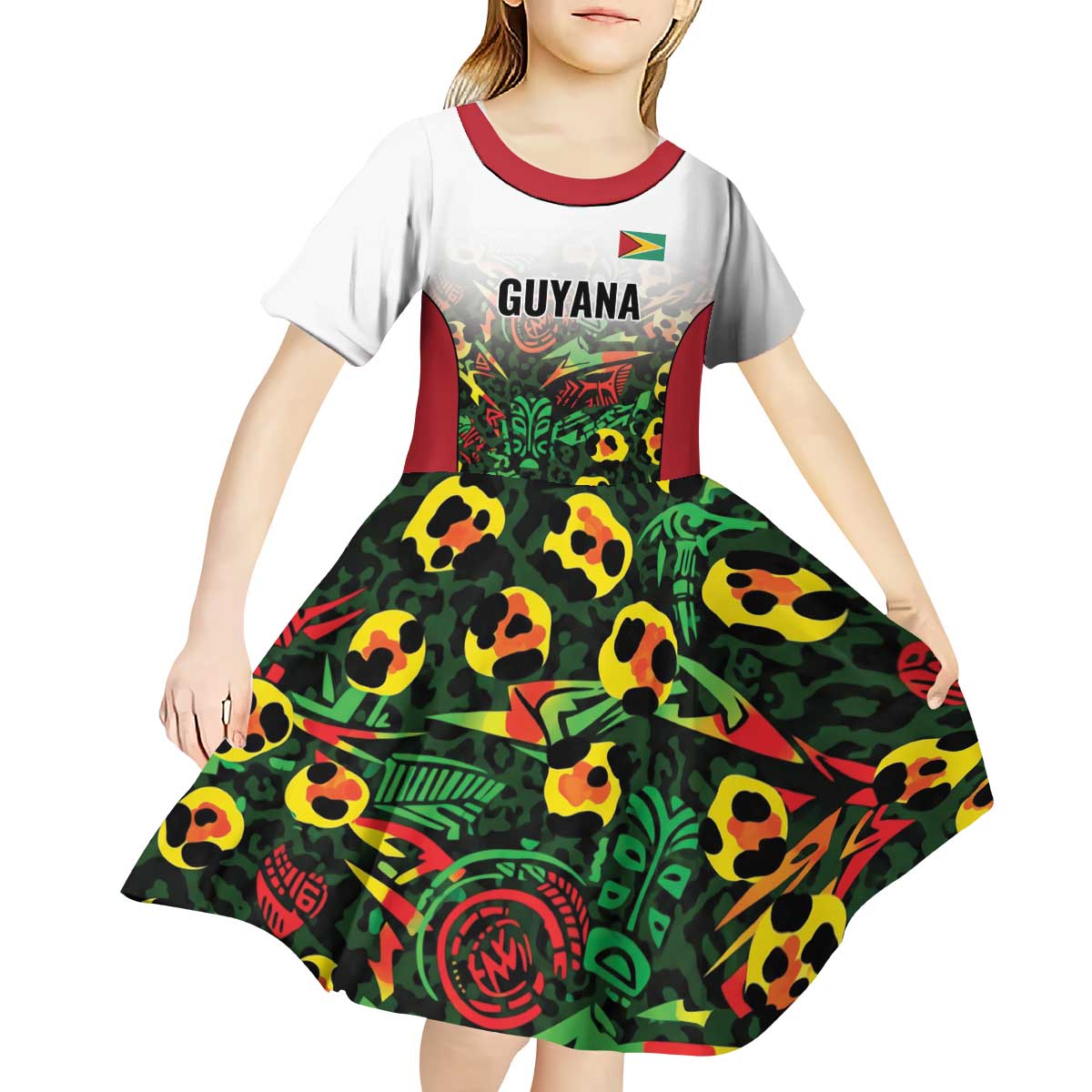 Custom Guyana Football Kid Short Sleeve Dress Spirit of the Jaguar - White - Wonder Print Shop