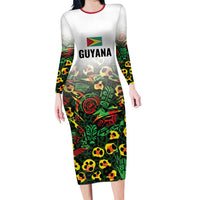 Custom Guyana Football Long Sleeve Bodycon Dress Spirit of the Jaguar - White - Wonder Print Shop