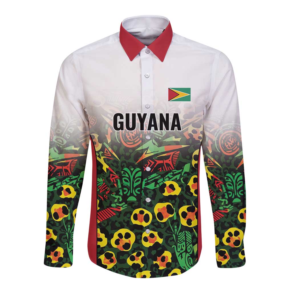 Custom Guyana Football Long Sleeve Button Shirt Spirit of the Jaguar - White - Wonder Print Shop