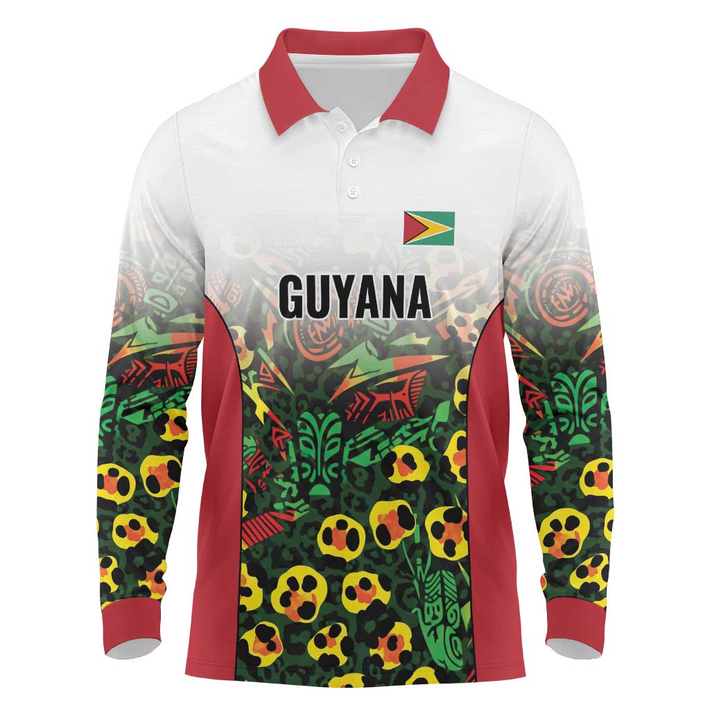 Custom Guyana Football Long Sleeve Polo Shirt Spirit of the Jaguar - White - Wonder Print Shop
