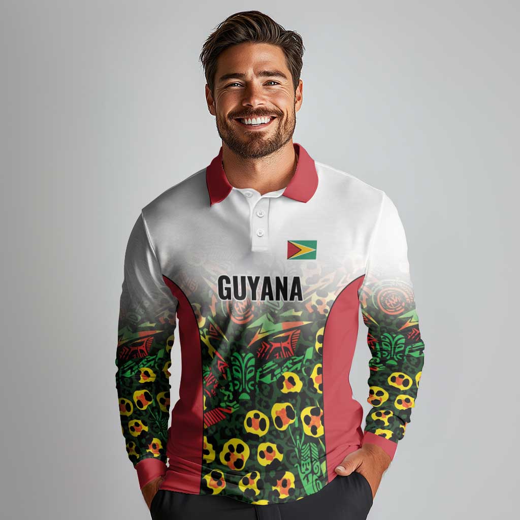 Custom Guyana Football Long Sleeve Polo Shirt Spirit of the Jaguar - White - Wonder Print Shop