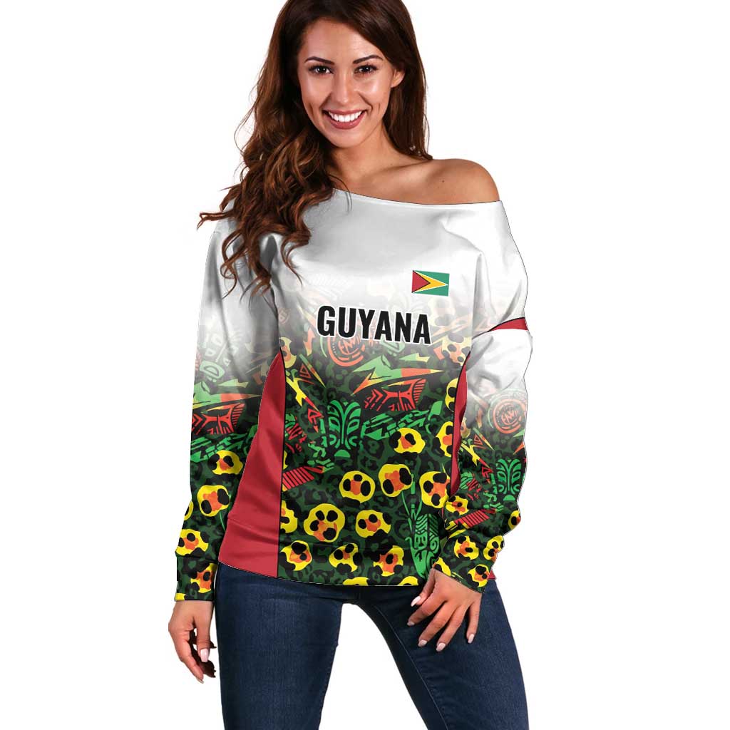Custom Guyana Football Off Shoulder Sweater Spirit of the Jaguar - White - Wonder Print Shop