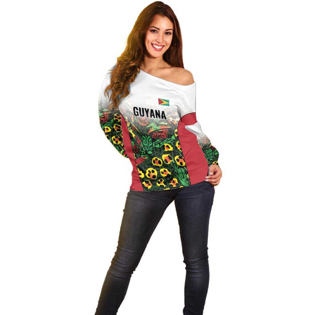 Custom Guyana Football Off Shoulder Sweater Spirit of the Jaguar - White - Wonder Print Shop