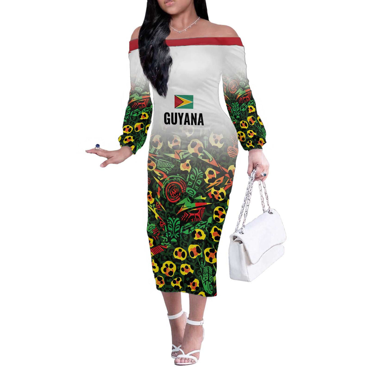 Custom Guyana Football Off The Shoulder Long Sleeve Dress Spirit of the Jaguar - White - Wonder Print Shop