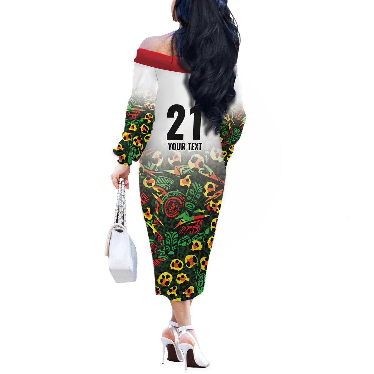 Custom Guyana Football Off The Shoulder Long Sleeve Dress Spirit of the Jaguar - White - Wonder Print Shop
