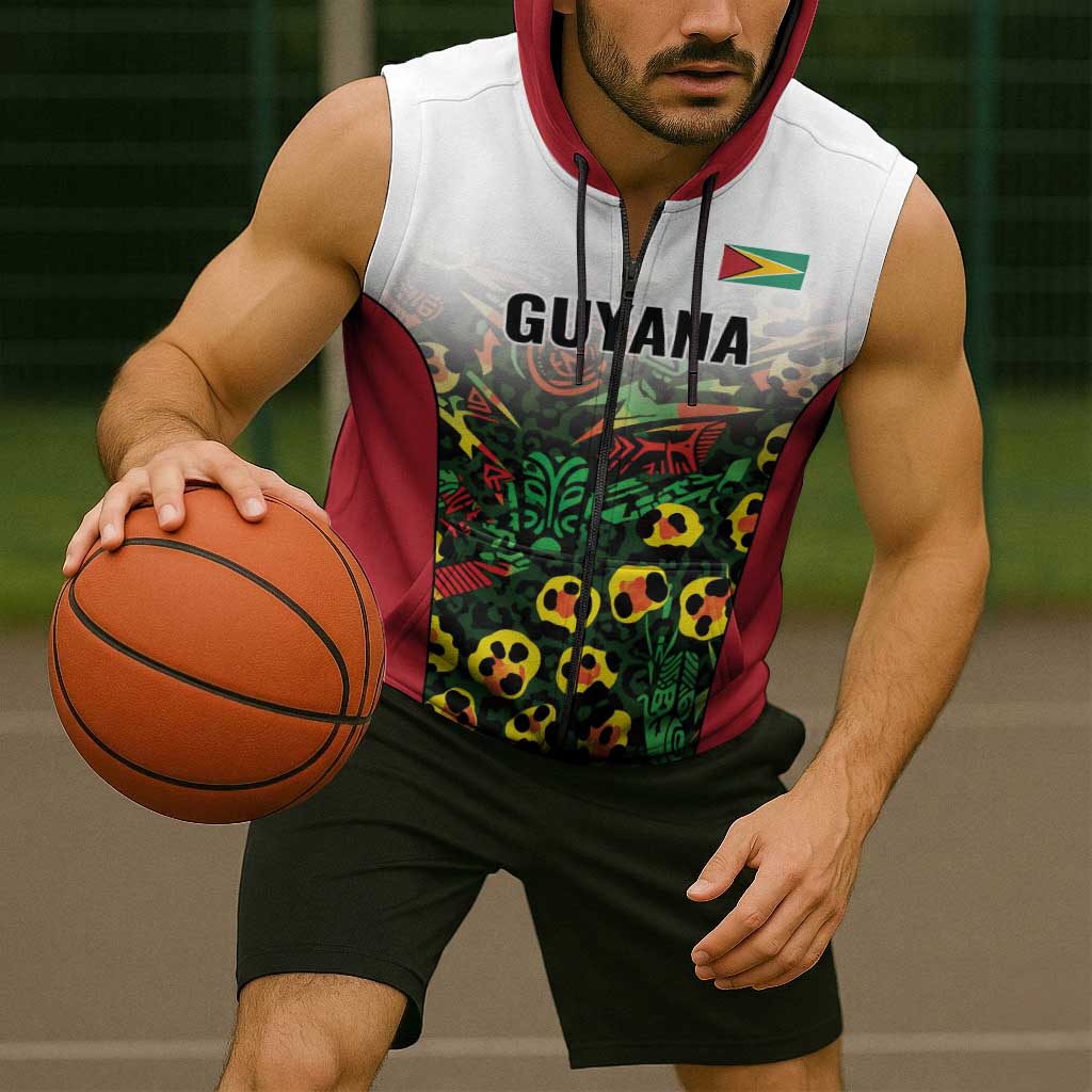Custom Guyana Football Sleeveless Zip Hoodie Spirit of the Jaguar - White - Wonder Print Shop