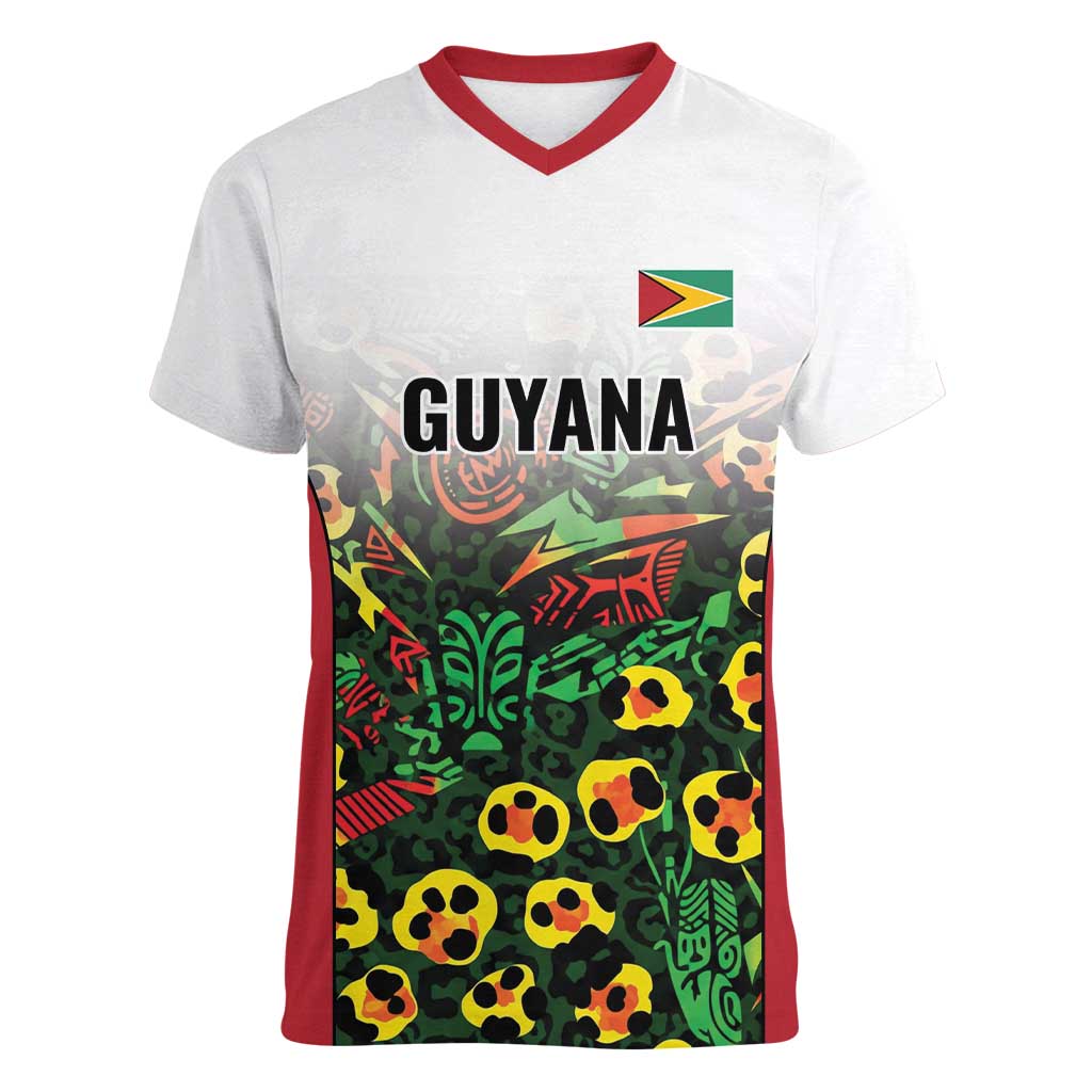 Custom Guyana Football Women V-Neck T-Shirt Spirit of the Jaguar - White - Wonder Print Shop