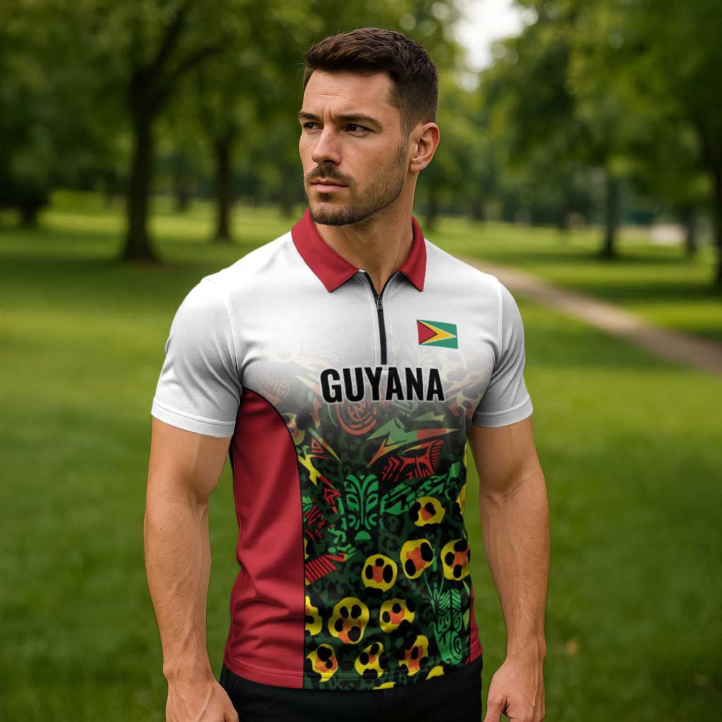 Custom Guyana Football Zipper Polo Shirt Spirit of the Jaguar - White - Wonder Print Shop