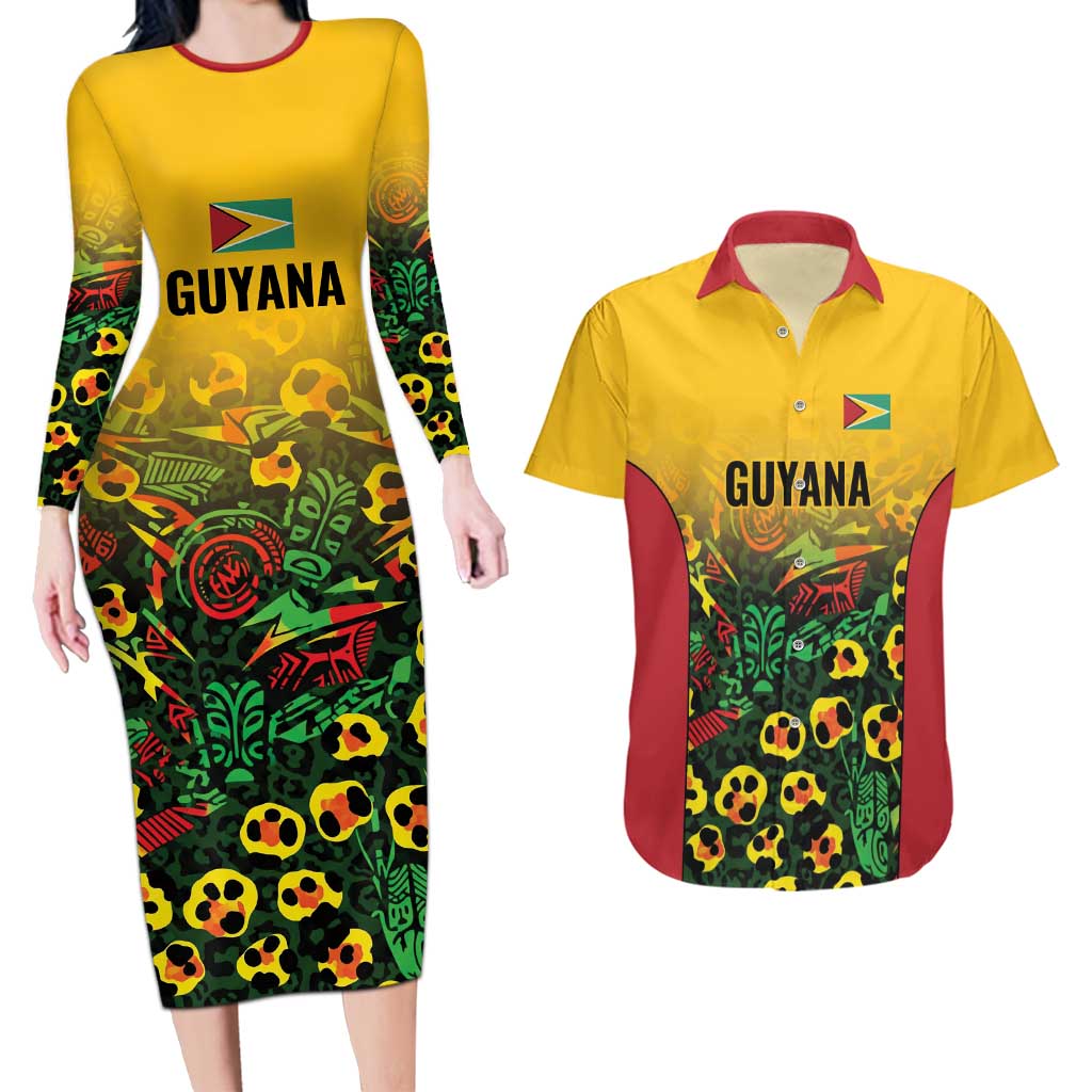 Custom Guyana Football Couples Matching Long Sleeve Bodycon Dress and Hawaiian Shirt Spirit of the Jaguar - Yellow - Wonder Print Shop