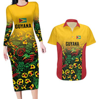Custom Guyana Football Couples Matching Long Sleeve Bodycon Dress and Hawaiian Shirt Spirit of the Jaguar - Yellow - Wonder Print Shop