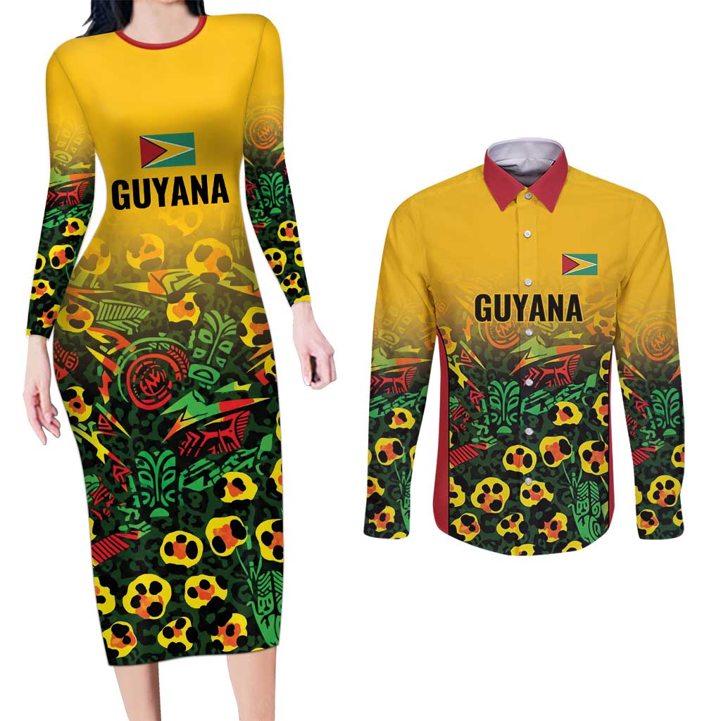 Custom Guyana Football Couples Matching Long Sleeve Bodycon Dress and Long Sleeve Button Shirt Spirit of the Jaguar - Yellow - Wonder Print Shop