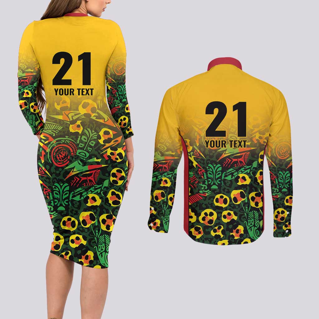 Custom Guyana Football Couples Matching Long Sleeve Bodycon Dress and Long Sleeve Button Shirt Spirit of the Jaguar - Yellow - Wonder Print Shop