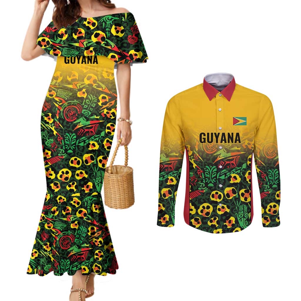 Custom Guyana Football Couples Matching Mermaid Dress and Long Sleeve Button Shirt Spirit of the Jaguar - Yellow - Wonder Print Shop