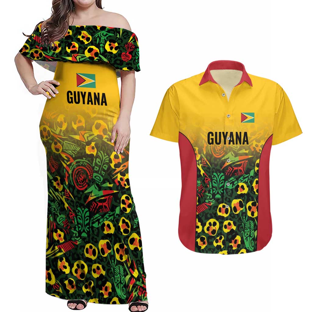 Custom Guyana Football Couples Matching Off Shoulder Maxi Dress and Hawaiian Shirt Spirit of the Jaguar - Yellow - Wonder Print Shop