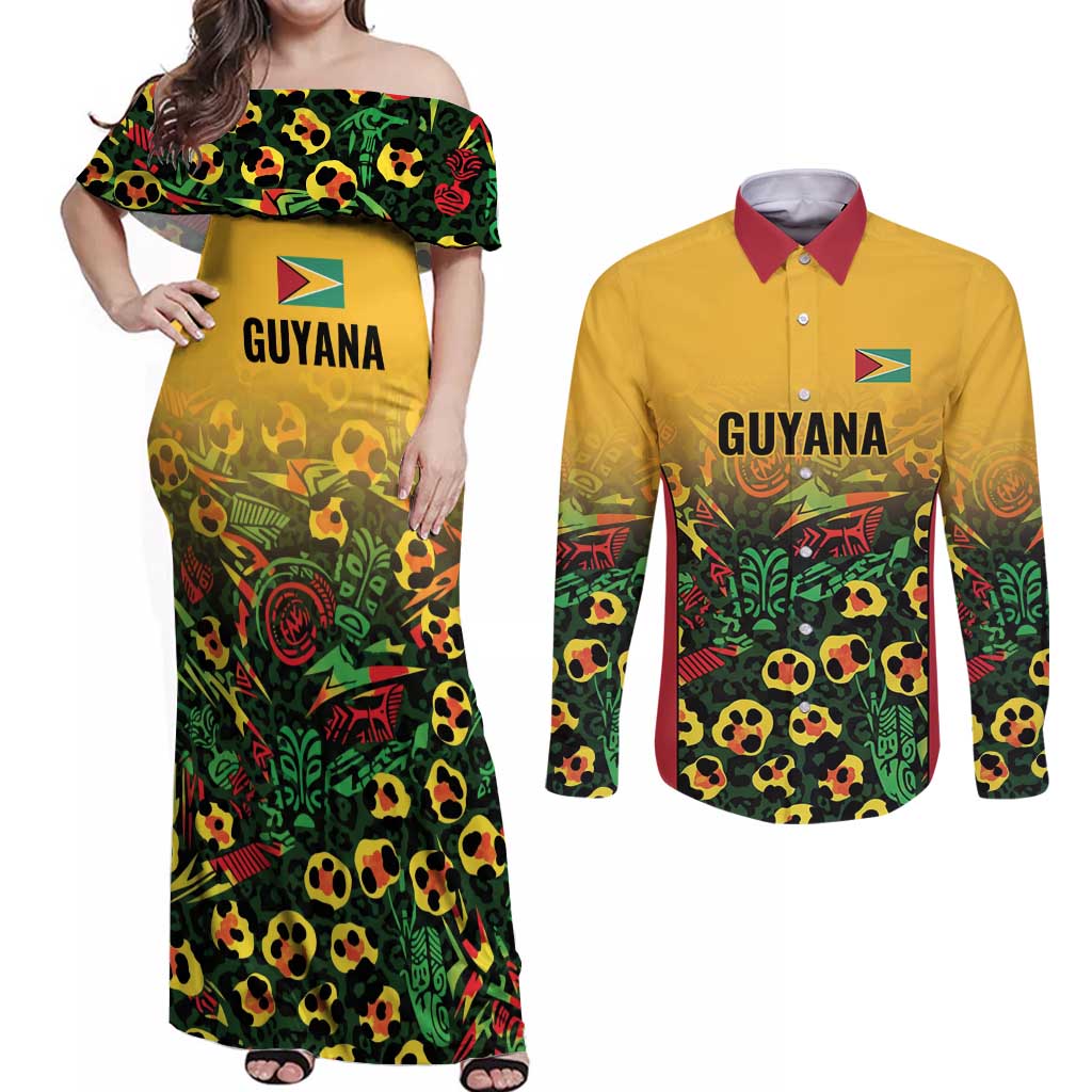 Custom Guyana Football Couples Matching Off Shoulder Maxi Dress and Long Sleeve Button Shirt Spirit of the Jaguar - Yellow - Wonder Print Shop