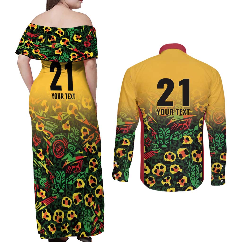 Custom Guyana Football Couples Matching Off Shoulder Maxi Dress and Long Sleeve Button Shirt Spirit of the Jaguar - Yellow - Wonder Print Shop
