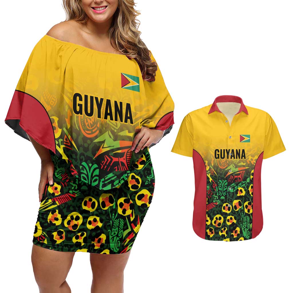Custom Guyana Football Couples Matching Off Shoulder Short Dress and Hawaiian Shirt Spirit of the Jaguar - Yellow - Wonder Print Shop