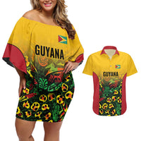 Custom Guyana Football Couples Matching Off Shoulder Short Dress and Hawaiian Shirt Spirit of the Jaguar - Yellow - Wonder Print Shop