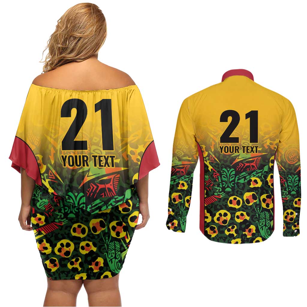 Custom Guyana Football Couples Matching Off Shoulder Short Dress and Long Sleeve Button Shirt Spirit of the Jaguar - Yellow - Wonder Print Shop