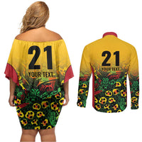 Custom Guyana Football Couples Matching Off Shoulder Short Dress and Long Sleeve Button Shirt Spirit of the Jaguar - Yellow - Wonder Print Shop