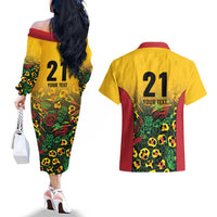 Custom Guyana Football Couples Matching Off The Shoulder Long Sleeve Dress and Hawaiian Shirt Spirit of the Jaguar - Yellow - Wonder Print Shop