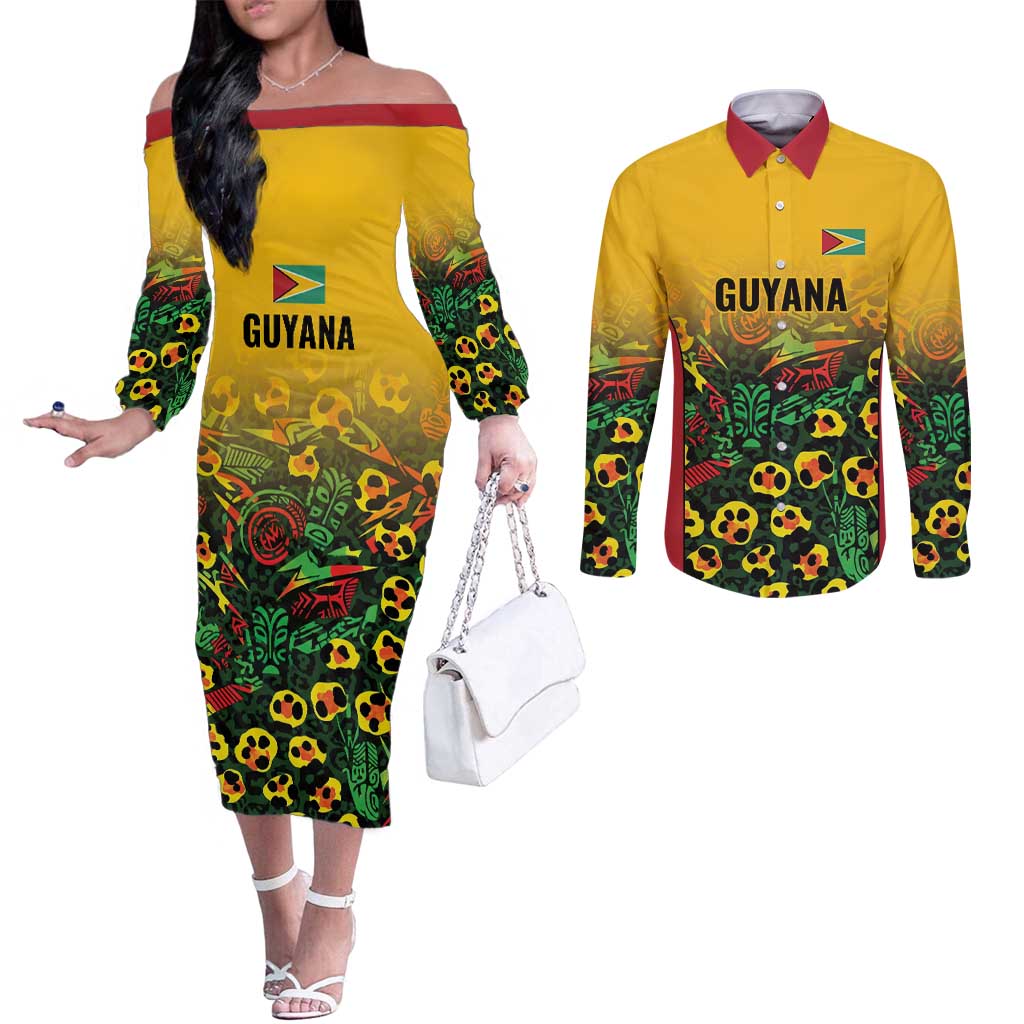 Custom Guyana Football Couples Matching Off The Shoulder Long Sleeve Dress and Long Sleeve Button Shirt Spirit of the Jaguar - Yellow - Wonder Print Shop