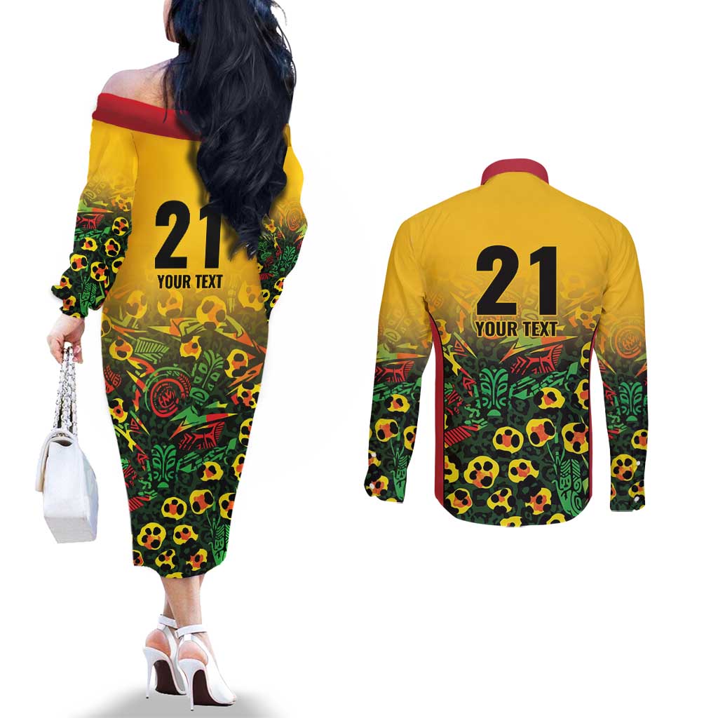 Custom Guyana Football Couples Matching Off The Shoulder Long Sleeve Dress and Long Sleeve Button Shirt Spirit of the Jaguar - Yellow - Wonder Print Shop