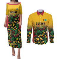 Custom Guyana Football Couples Matching Puletasi and Long Sleeve Button Shirt Spirit of the Jaguar - Yellow - Wonder Print Shop