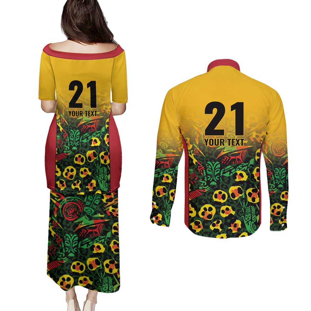 Custom Guyana Football Couples Matching Puletasi and Long Sleeve Button Shirt Spirit of the Jaguar - Yellow - Wonder Print Shop