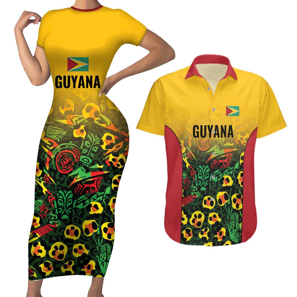 Custom Guyana Football Couples Matching Short Sleeve Bodycon Dress and Hawaiian Shirt Spirit of the Jaguar - Yellow - Wonder Print Shop