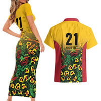 Custom Guyana Football Couples Matching Short Sleeve Bodycon Dress and Hawaiian Shirt Spirit of the Jaguar - Yellow - Wonder Print Shop