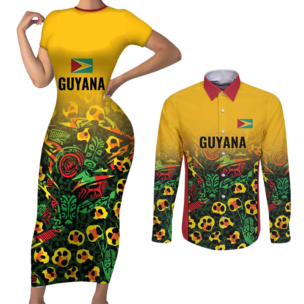 Custom Guyana Football Couples Matching Short Sleeve Bodycon Dress and Long Sleeve Button Shirt Spirit of the Jaguar - Yellow - Wonder Print Shop
