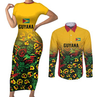 Custom Guyana Football Couples Matching Short Sleeve Bodycon Dress and Long Sleeve Button Shirt Spirit of the Jaguar - Yellow - Wonder Print Shop