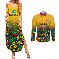 Custom Guyana Football Couples Matching Summer Maxi Dress and Long Sleeve Button Shirt Spirit of the Jaguar - Yellow - Wonder Print Shop